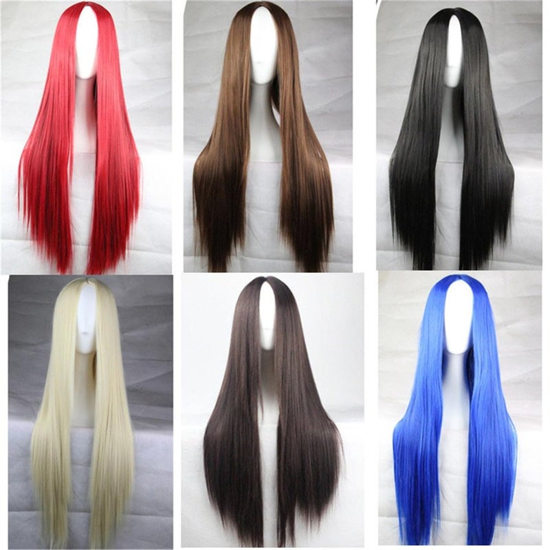 Flonding 75cm 29.5 inches Black Wig Women's Long Straight Middle Part Synthetic Hair Wigs No bangs Cosplay Anime Halloween Costume Party Hair Wig for Women with Wig Cap - Image 4